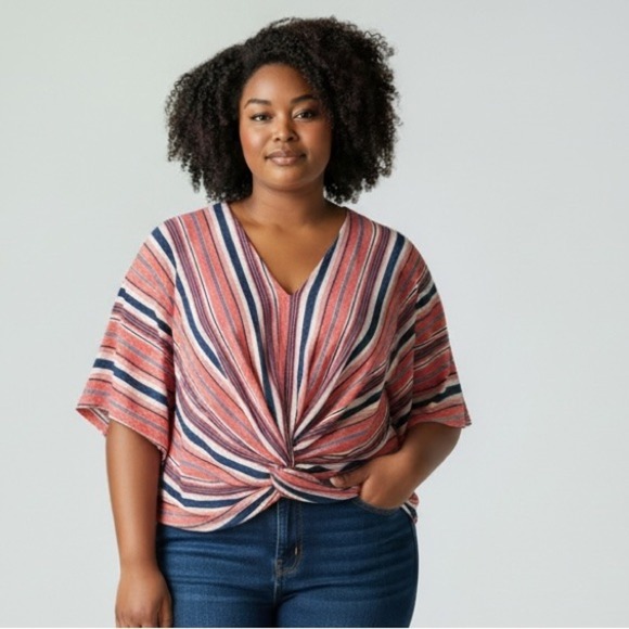 Umgee Tops - Umgee Women's‎ Striped Twist Front V Neck Dolman Sleeve Top Size Medium
